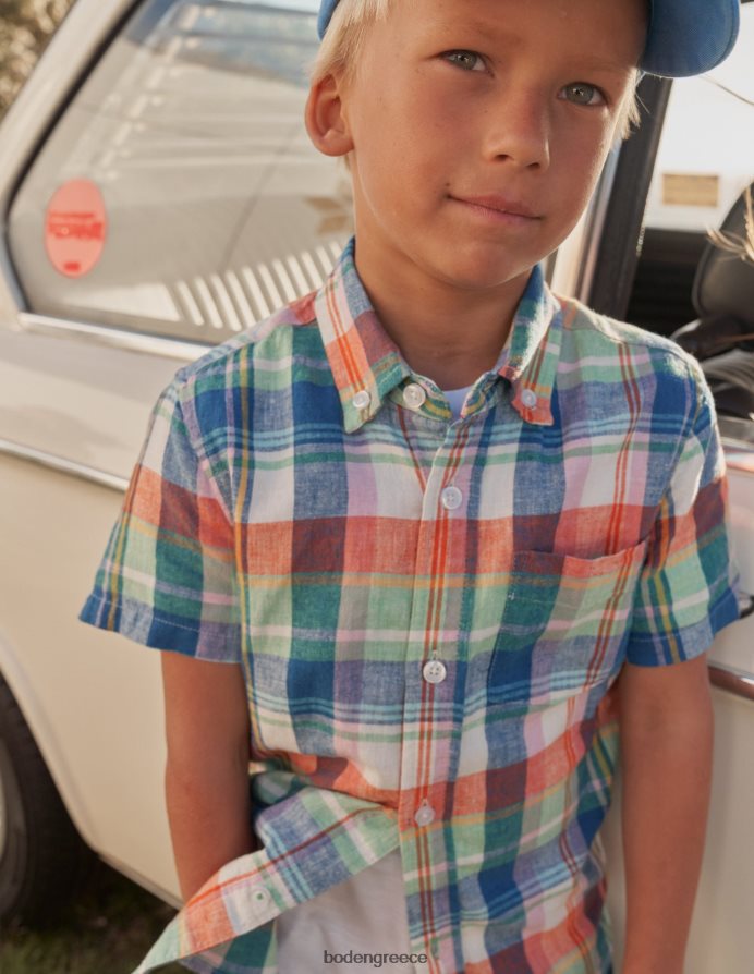 οπάλιο φωτιάς/πράσινα μαντρέ είδη ένδυσης βαμβακερό λινό πουκάμισο Boden αγόρια 464PH8847