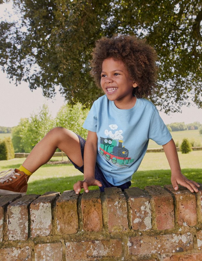 τρένο με βότσαλο μπλε είδη ένδυσης βαμβακερό μπλουζάκι σταυροβελονιά Boden αγόρια 464PH8860