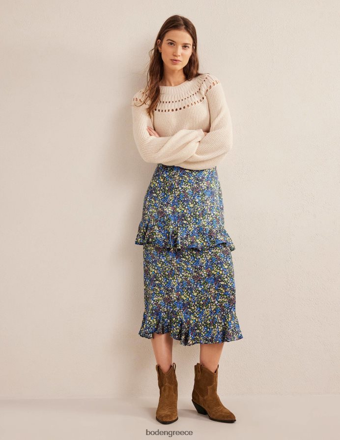 νεφελώματα μπλε & πέταλο gatdenia είδη ένδυσης midi φούστα από σατέν βολάν Boden γυναίκες 464PH82512