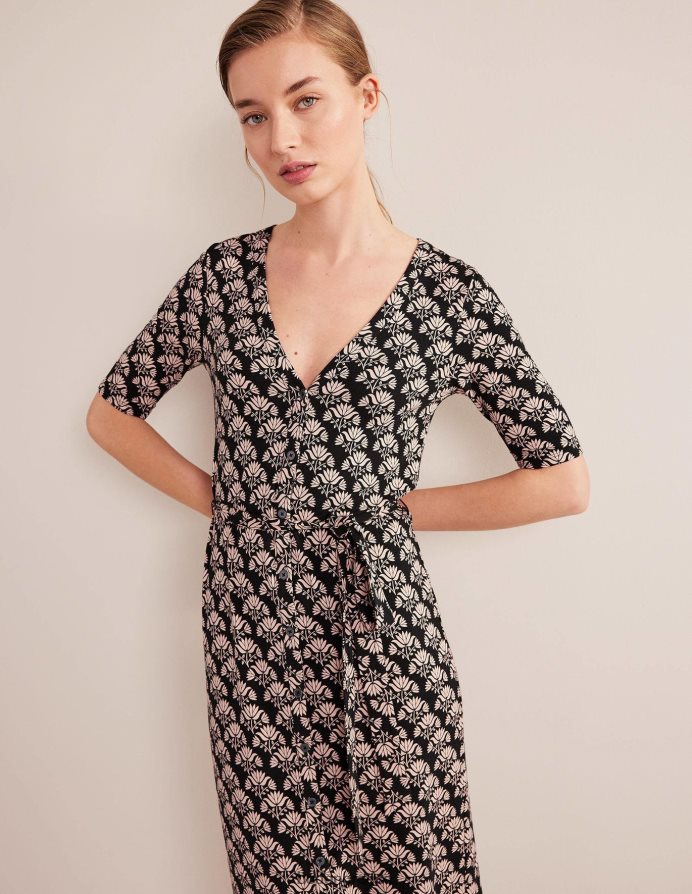 μαύρο & σφραγίδα πάθους είδη ένδυσης Μίντι φόρεμα ζέρσεϊ μπροστά με κουμπί Boden γυναίκες 464PH81529