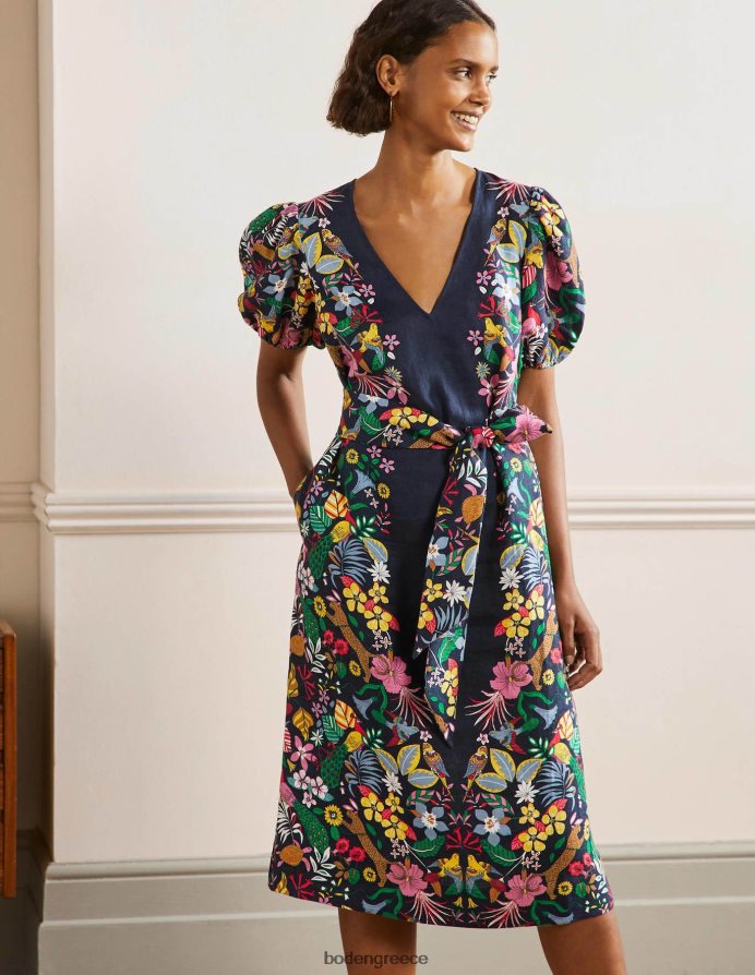 ναυτικό και εξωτικός παράδεισος είδη ένδυσης Μίντι λινό φόρεμα με φουσκωτά μανίκια Boden γυναίκες 464PH82563