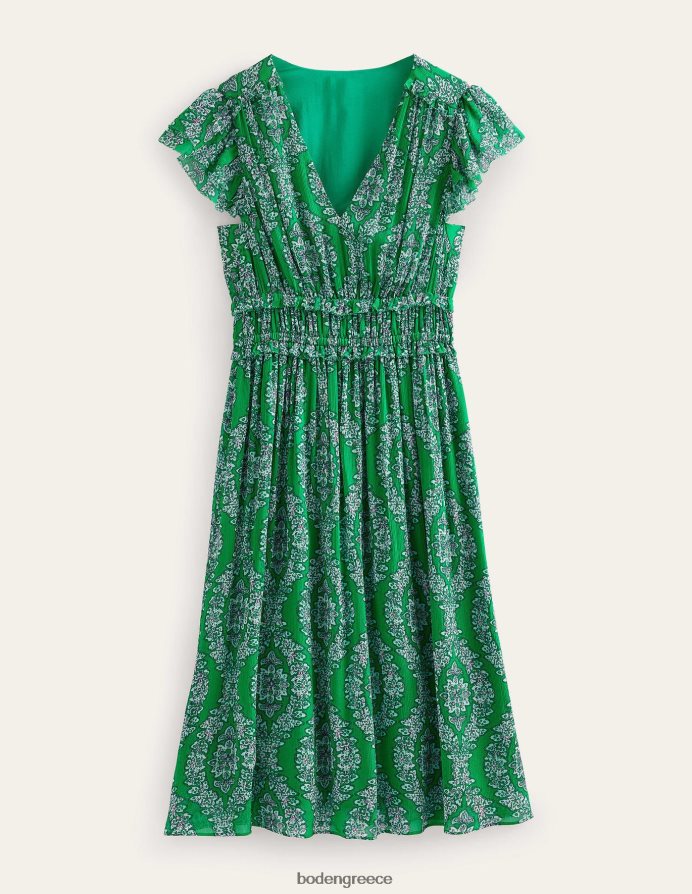 πλούσιο σμαραγδένιο & βοτανικό στεφάνι είδη ένδυσης Μίντι φόρεμα μαζεμένη μέση Boden γυναίκες 464PH888