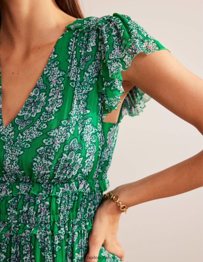 πλούσιο σμαραγδένιο & βοτανικό στεφάνι είδη ένδυσης Μίντι φόρεμα μαζεμένη μέση Boden γυναίκες 464PH888