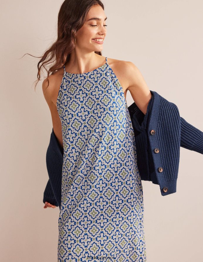 μπλε ερωδιός & φλώρα πλακάκι είδη ένδυσης μίντι φόρεμα φανέλας με λαιμόδρομο Boden γυναίκες 464PH8938