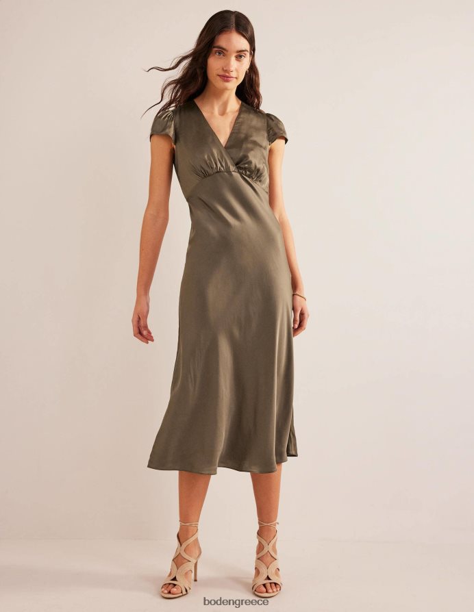 χακί είδη ένδυσης σατέν empire midi φόρεμα τσαγιού Boden γυναίκες 464PH81011