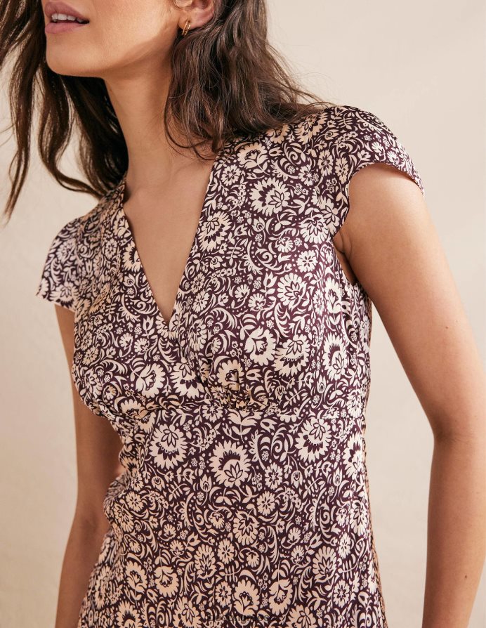 σκούρο μπορντό & ανθισμένος καταρράκτης είδη ένδυσης σατέν empire midi φόρεμα τσαγιού Boden γυναίκες 464PH82150