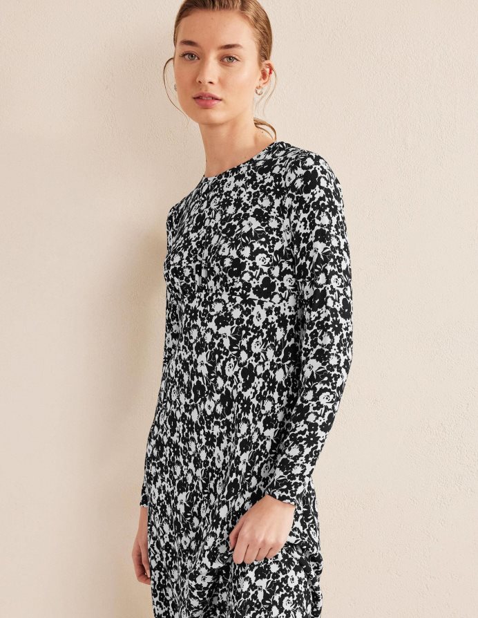 μαύρη & ανθισμένη σιλουέτα είδη ένδυσης midi φόρεμα τσαγιού με λαιμόκοψη Boden γυναίκες 464PH81511