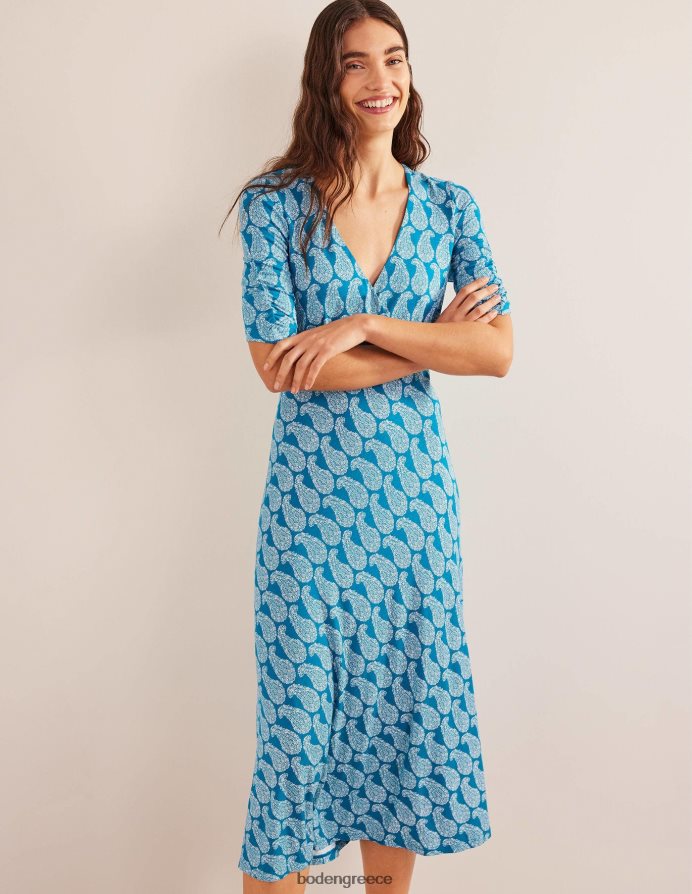 κρυστάλλινο γαλαζοπράσινο & γλυκό paisley είδη ένδυσης Μίντι φόρεμα ζέρσεϊ κοντομάνικο Boden γυναίκες 464PH82137