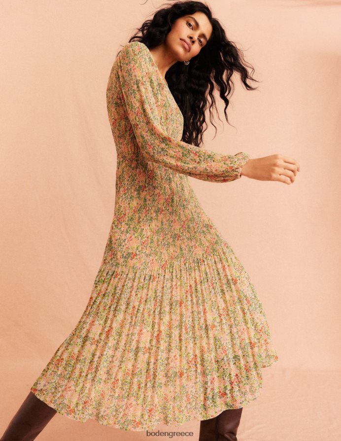 ποπ κορν και πέταλο γαρδένιας είδη ένδυσης Μίντι φόρεμα plisse με λαιμόκοψη Boden γυναίκες 464PH81109