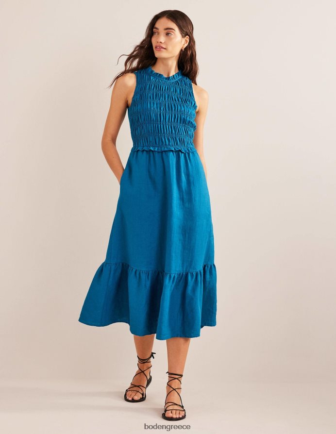 κρυστάλλινο γαλαζοπράσινο είδη ένδυσης μίντι φόρεμα smocked λινό Boden γυναίκες 464PH8584