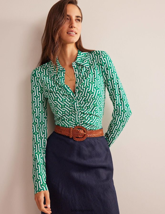 φωτεινό σμαραγδένιο και γαλάζιο γεωγραφικό είδη ένδυσης εμπριμέ πουκάμισο ζέρσεϊ Boden γυναίκες 464PH81189