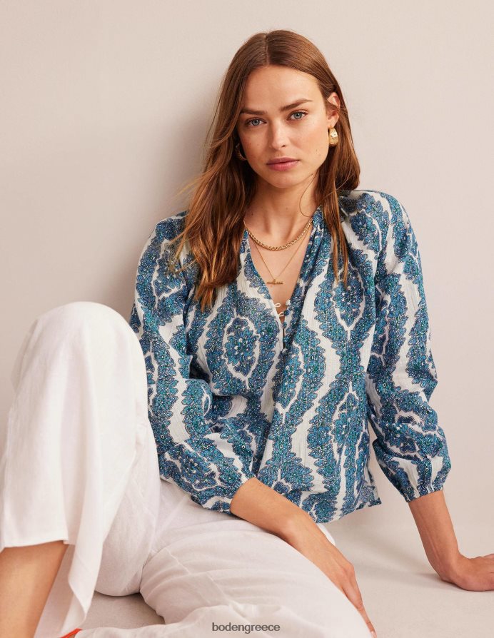 μπλε & βοτανικό στεφάνι είδη ένδυσης εμπριμέ με λαιμόκοψη αστραφτερή μπλούζα Boden γυναίκες 464PH8112