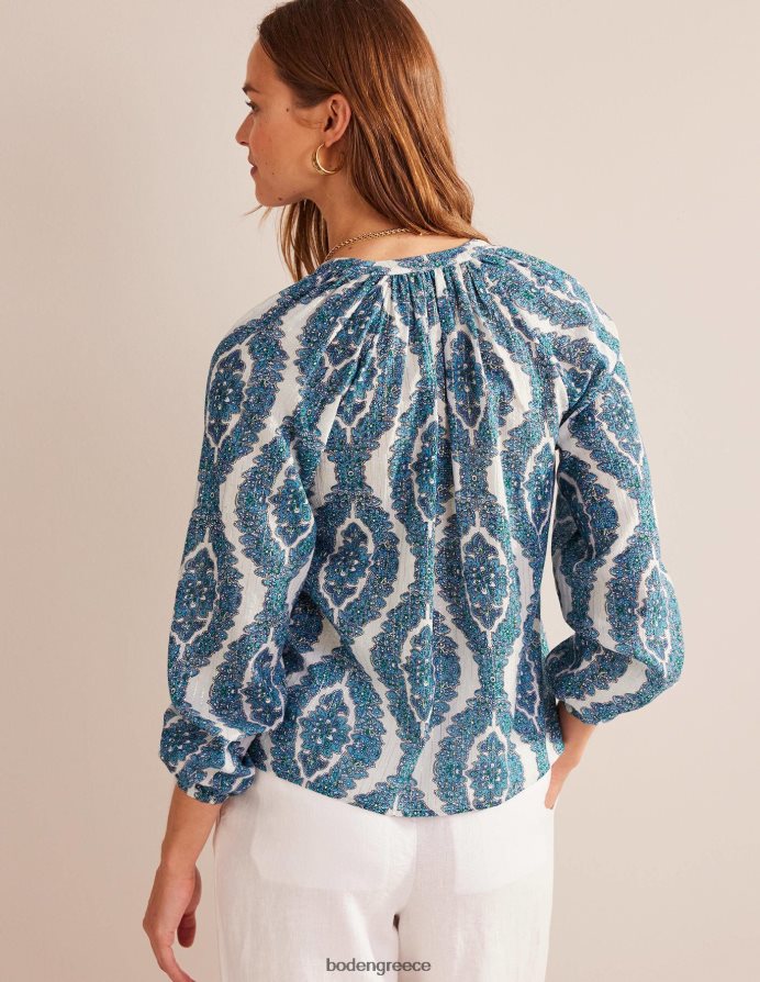 μπλε & βοτανικό στεφάνι είδη ένδυσης εμπριμέ με λαιμόκοψη αστραφτερή μπλούζα Boden γυναίκες 464PH8112