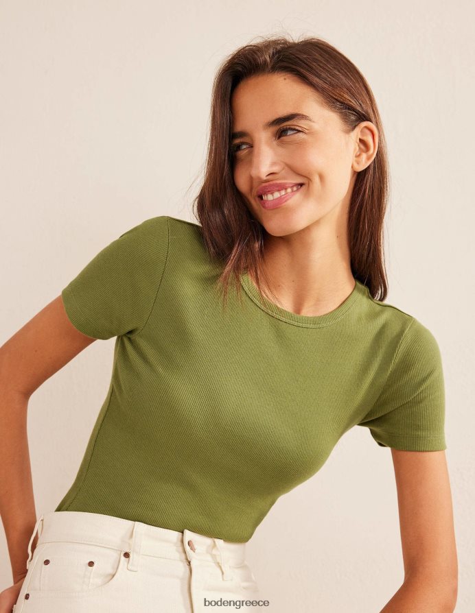 πλυμένο χακί είδη ένδυσης βαμβακερό μπλουζάκι με ραβδώσεις Boden γυναίκες 464PH81869