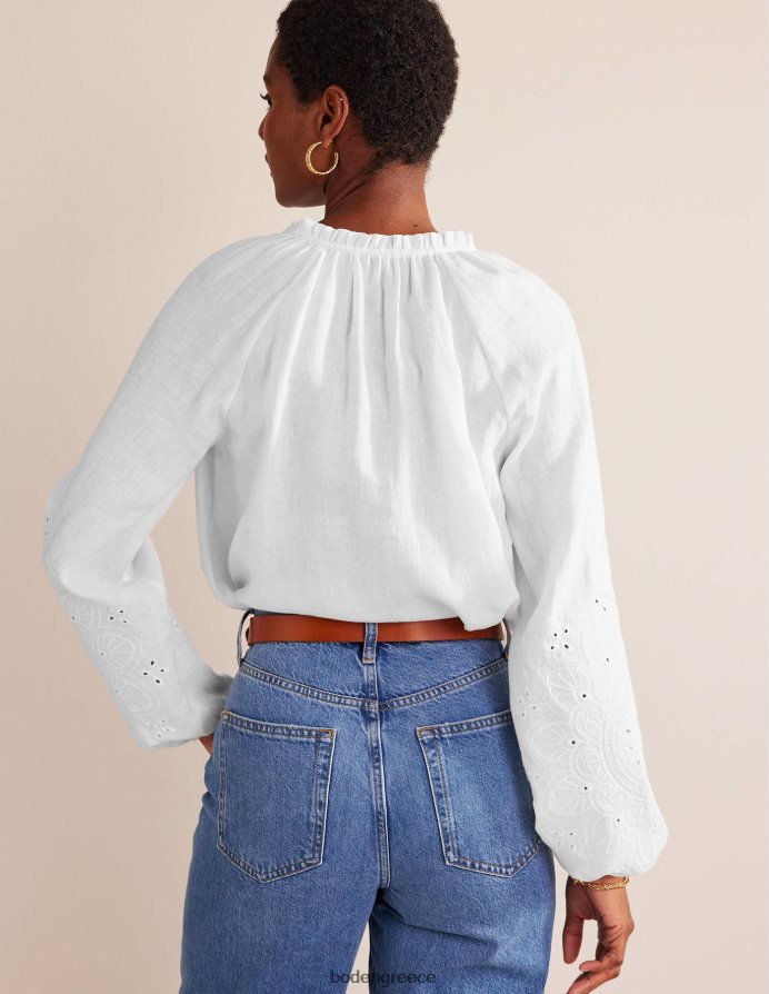 άσπρο είδη ένδυσης λινό τοπ broderie με λαιμόκοψη Boden γυναίκες 464PH8105
