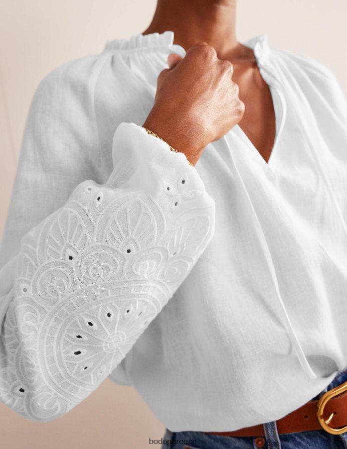 άσπρο είδη ένδυσης λινό τοπ broderie με λαιμόκοψη Boden γυναίκες 464PH8105
