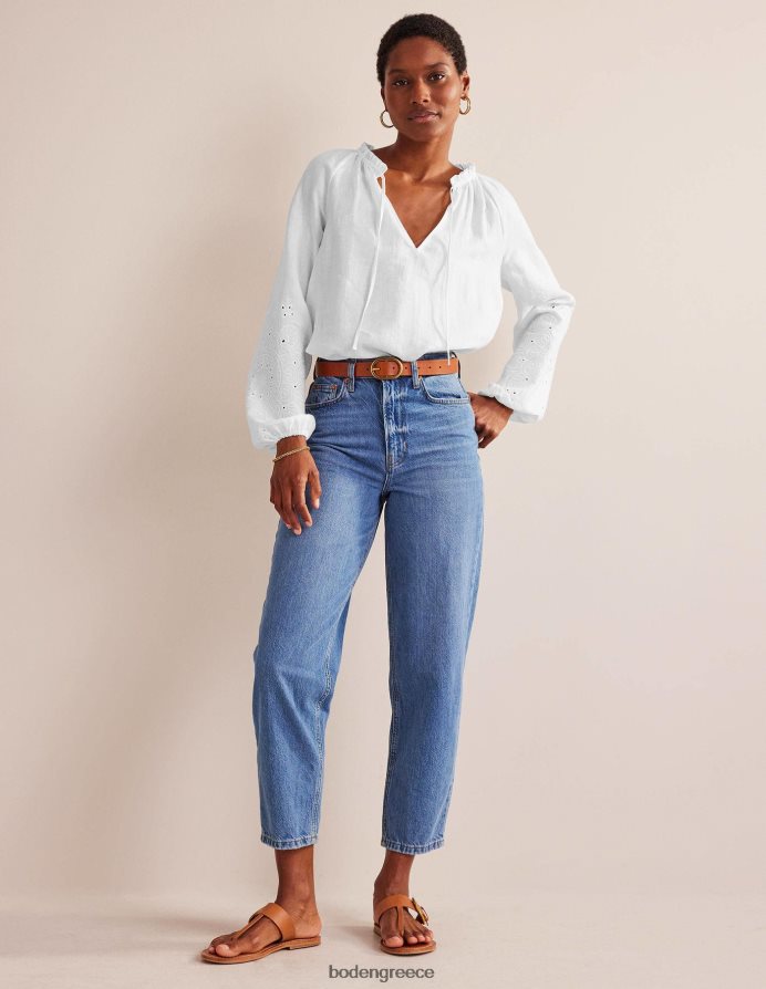 άσπρο είδη ένδυσης λινό τοπ broderie με λαιμόκοψη Boden γυναίκες 464PH8105