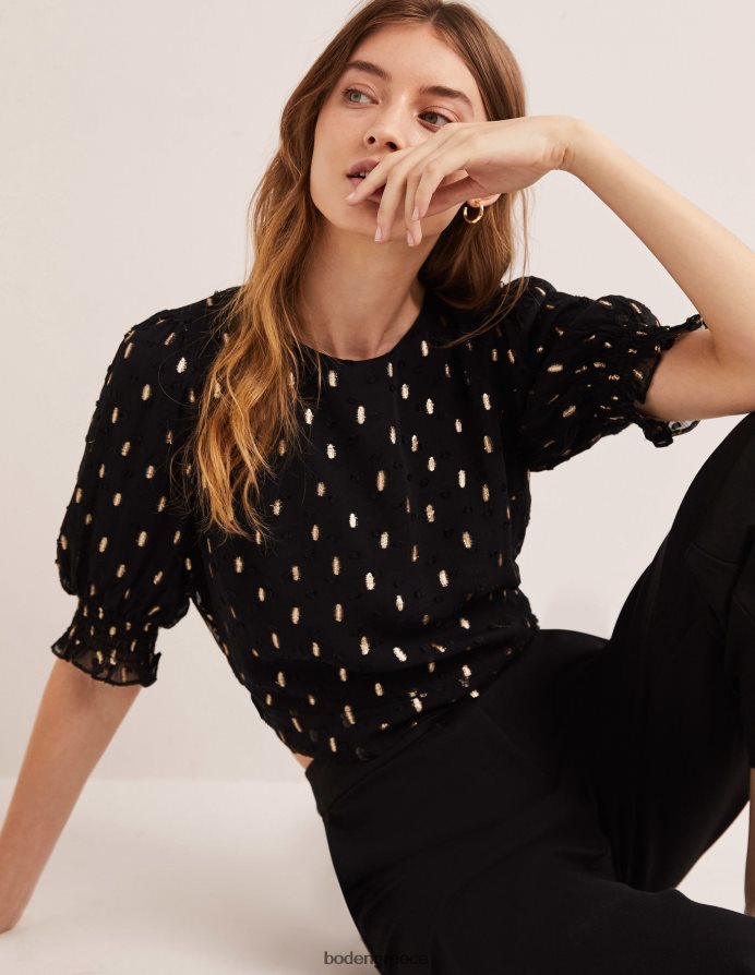 μαύρο και χρυσό κλιπ είδη ένδυσης cropped μεταλλικό smocked top Boden γυναίκες 464PH82006