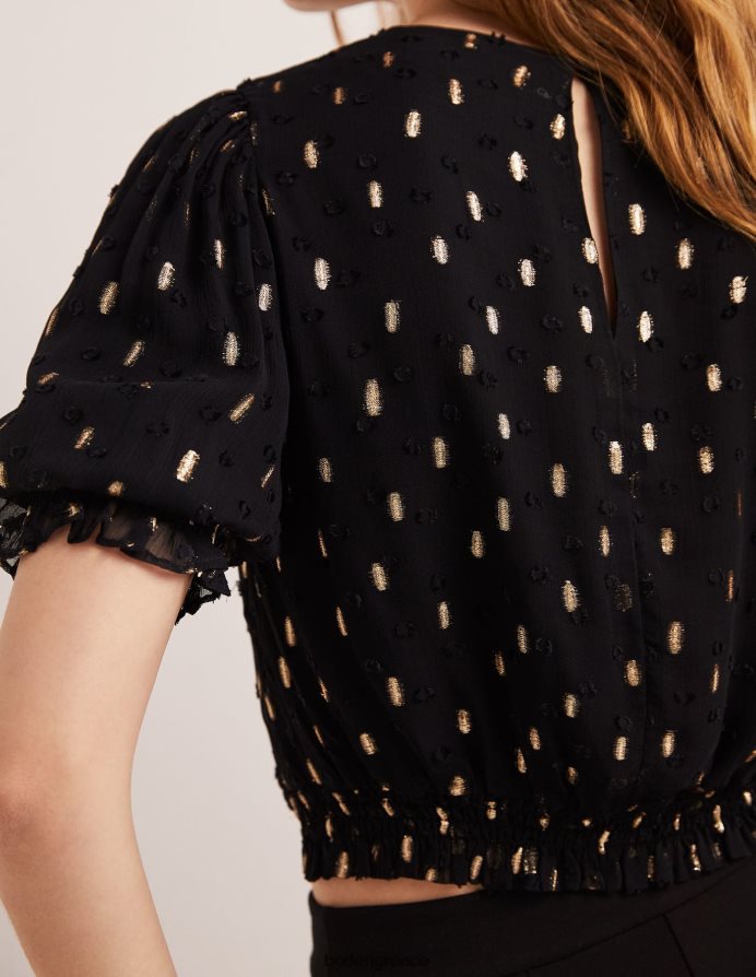 μαύρο και χρυσό κλιπ είδη ένδυσης cropped μεταλλικό smocked top Boden γυναίκες 464PH82006