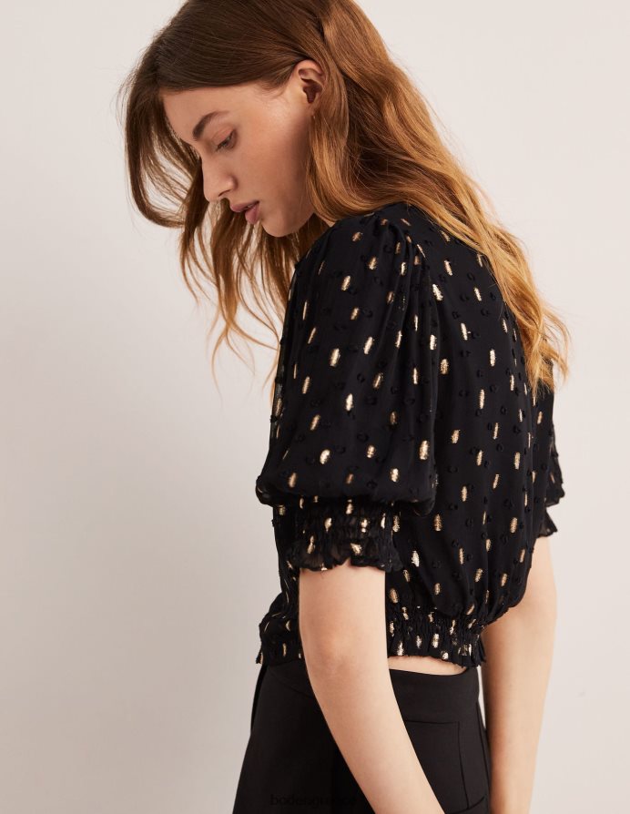 μαύρο και χρυσό κλιπ είδη ένδυσης cropped μεταλλικό smocked top Boden γυναίκες 464PH82006