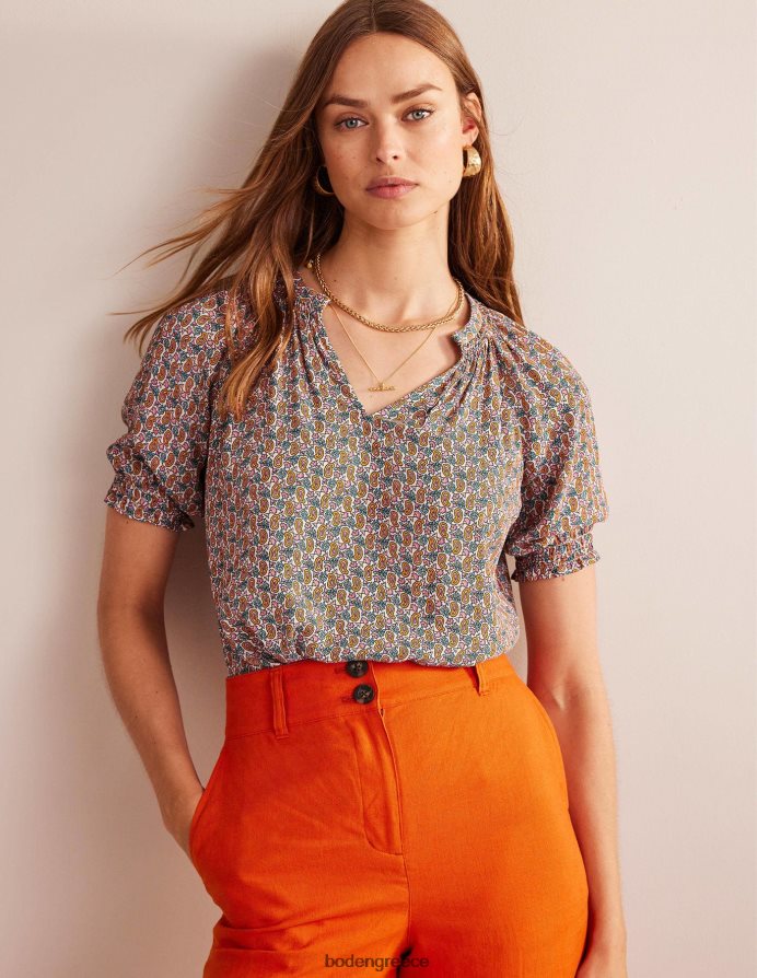 άνθη δαμασκηνιάς & στέλεχος paisley είδη ένδυσης κοντομάνικο τοπ με λαιμόκοψη Boden γυναίκες 464PH8102