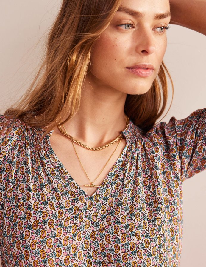 άνθη δαμασκηνιάς & στέλεχος paisley είδη ένδυσης κοντομάνικο τοπ με λαιμόκοψη Boden γυναίκες 464PH8102