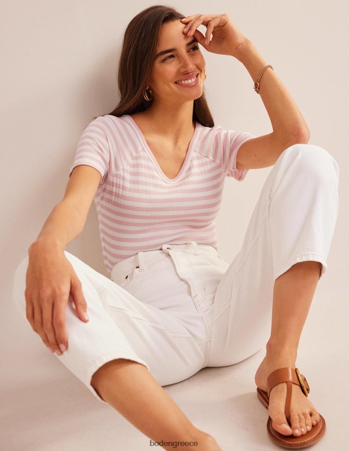 ρίγα από δέρμα ελεφαντόδοντου και ροδάκινου είδη ένδυσης Αννα μπλουζάκι με rib v λαιμόκοψη Boden γυναίκες 464PH8195