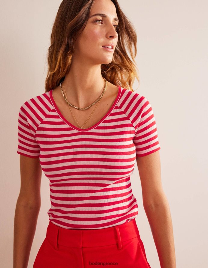 δέρμα ροδάκινου & λωρίδα καυτερής πιπεριάς είδη ένδυσης Αννα μπλουζάκι με rib v λαιμόκοψη Boden γυναίκες 464PH8196