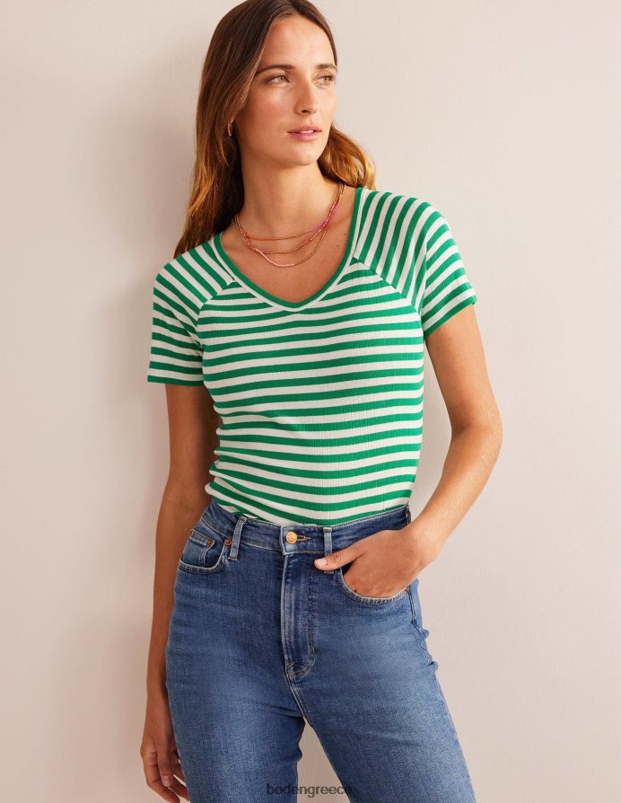 λιβάδι πράσινο & ιβουάρ λωρίδα είδη ένδυσης Αννα μπλουζάκι με rib v λαιμόκοψη Boden γυναίκες 464PH8198