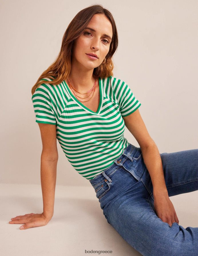 λιβάδι πράσινο & ιβουάρ λωρίδα είδη ένδυσης Αννα μπλουζάκι με rib v λαιμόκοψη Boden γυναίκες 464PH8198