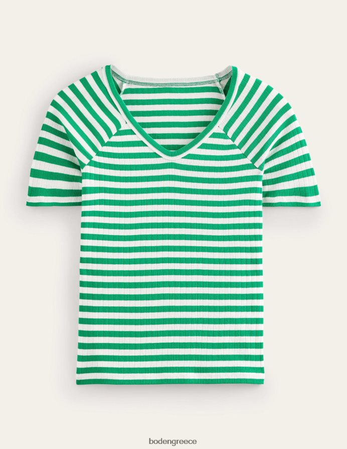 λιβάδι πράσινο & ιβουάρ λωρίδα είδη ένδυσης Αννα μπλουζάκι με rib v λαιμόκοψη Boden γυναίκες 464PH8198