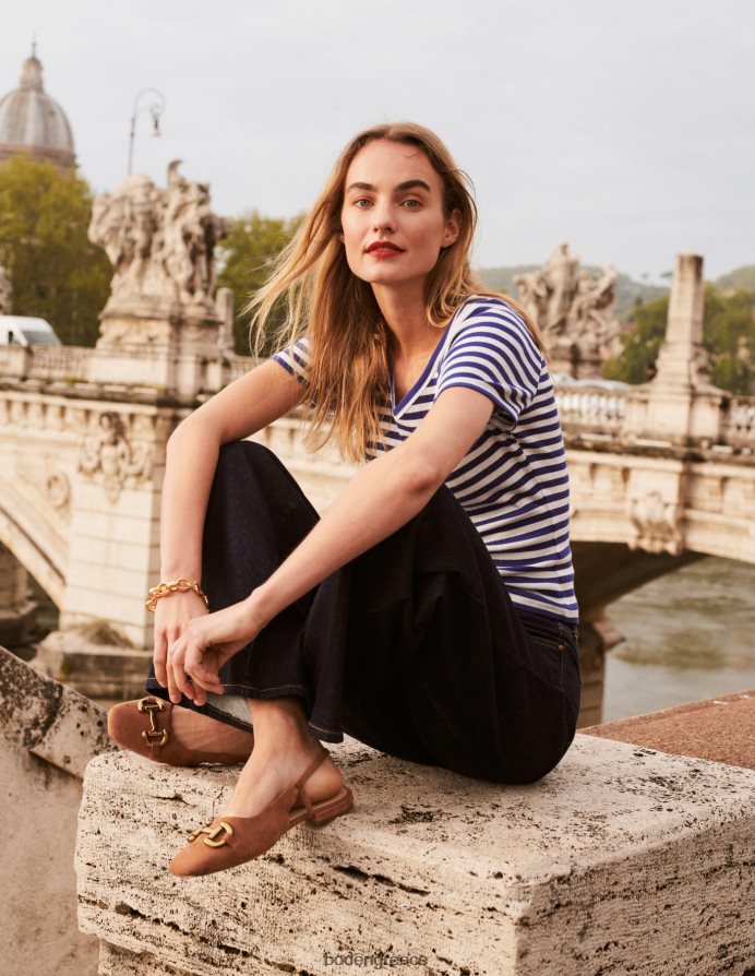 μπλε λάπις & ιβουάρ ρίγα είδη ένδυσης Αννα μπλουζάκι με rib v λαιμόκοψη Boden γυναίκες 464PH8199