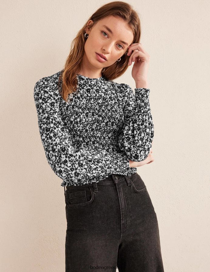 μαύρη άνθιση είδη ένδυσης smocked μπούστο βαμβακερό τοπ Boden γυναίκες 464PH81950