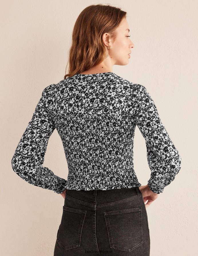 μαύρη άνθιση είδη ένδυσης smocked μπούστο βαμβακερό τοπ Boden γυναίκες 464PH81950