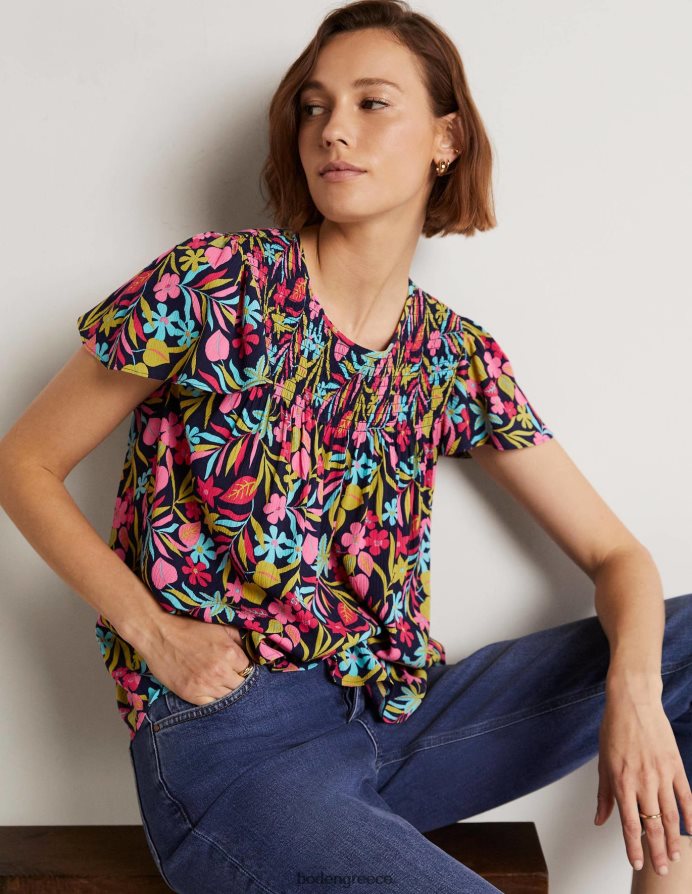 γαλλικό ναυτικό και τροπικό φύλλωμα είδη ένδυσης λάιλα εμπριμέ smocked top Boden γυναίκες 464PH81972