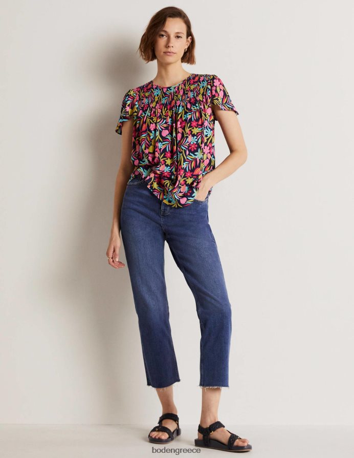 γαλλικό ναυτικό και τροπικό φύλλωμα είδη ένδυσης λάιλα εμπριμέ smocked top Boden γυναίκες 464PH81972