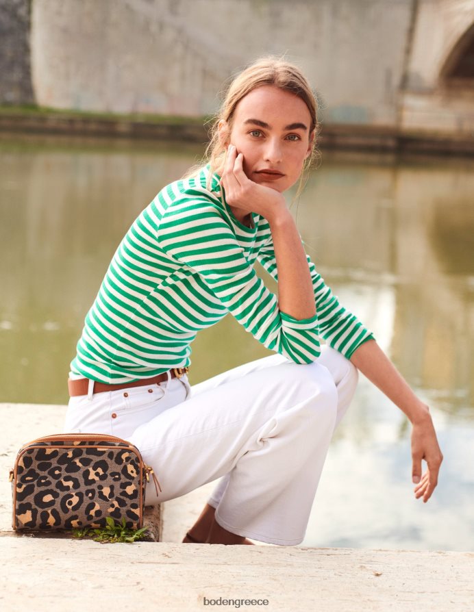 λιβάδι πράσινο & ιβουάρ λωρίδα είδη ένδυσης t-shirt anna rib crew Boden γυναίκες 464PH8197