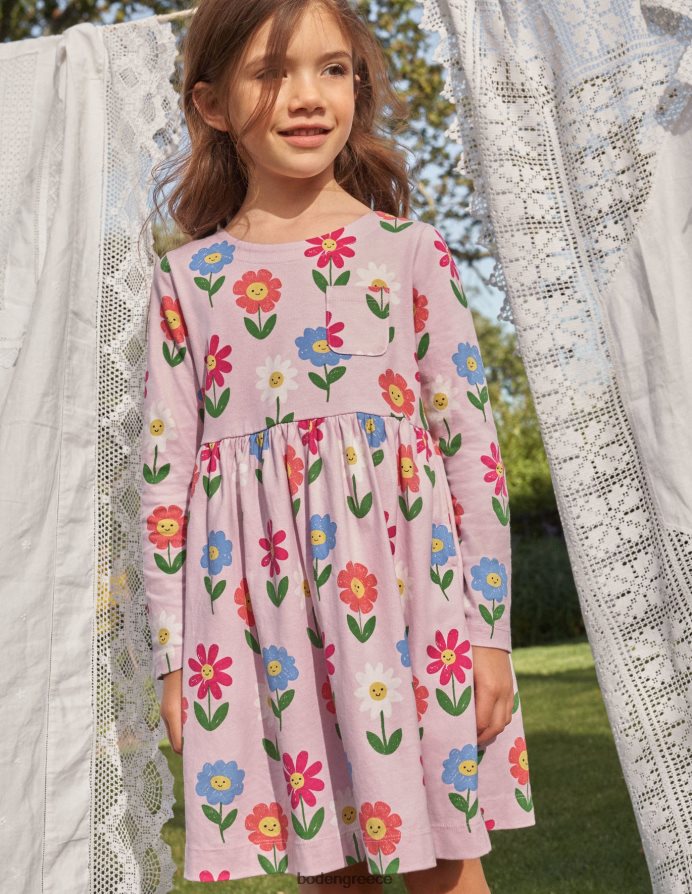 εντυπωσιακά ροζ λουλούδια είδη ένδυσης μακρυμάνικο διασκεδαστικό φόρεμα ζέρσεϊ Boden κορίτσια 464PH83095
