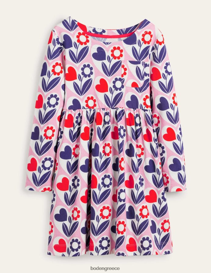 ροζ καρδιές λουλουδιών λεμονάδας είδη ένδυσης μακρυμάνικο διασκεδαστικό φόρεμα ζέρσεϊ Boden κορίτσια 464PH83264