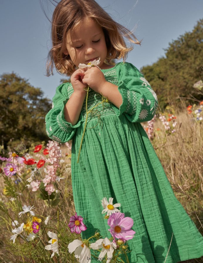 σχολικές πράσινες μαργαρίτες είδη ένδυσης υφαντό φόρεμα με smocked μπούστο Boden μωρό 464PH8346
