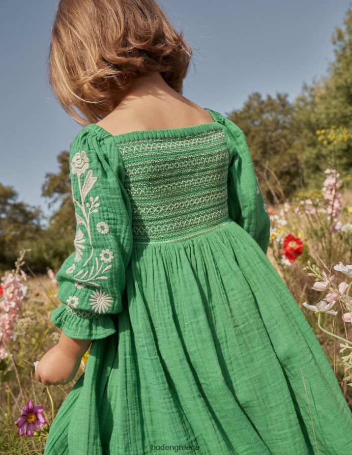 σχολικές πράσινες μαργαρίτες είδη ένδυσης υφαντό φόρεμα με smocked μπούστο Boden μωρό 464PH8346